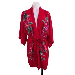 Vintage Passports of Pier One imports One Size Robe Kimono Red Floral Tie Waist